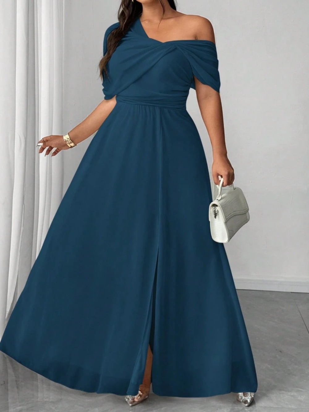 Plus Sold Ruched One Shoulder Split thigh Party Evening Dress - Picture 2 of 12